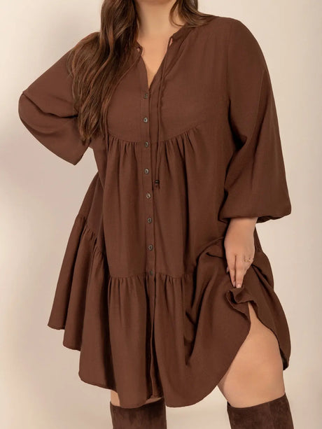 Plus Size Tie Neck Balloon Sleeve Tiered Dress | Hanalas