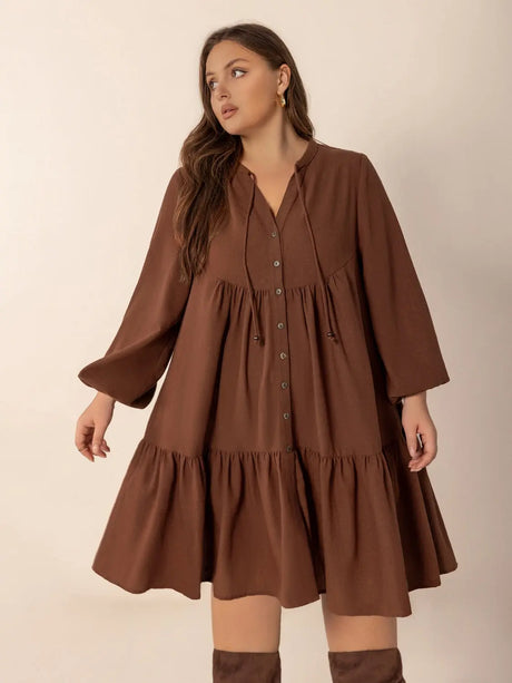 Plus Size Tie Neck Balloon Sleeve Tiered Dress | Hanalas