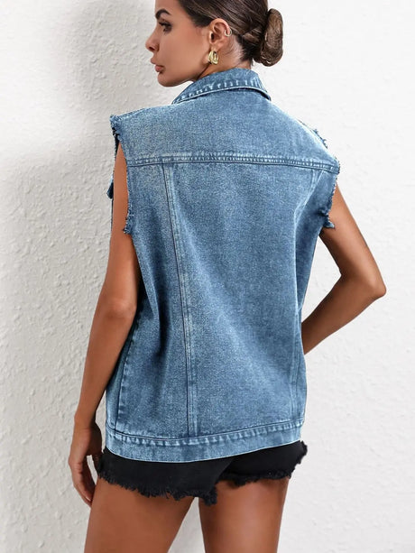 Pocketed Collared Neck Sleeveless Denim Top Trendsi Hanalas