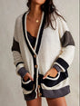 Pocketed Contrast V-Neck Long Sleeve Cardigan Trendsi Hanalas