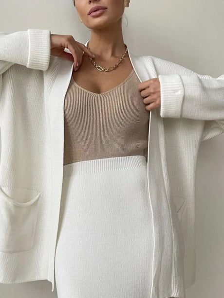 Pocketed Long Sleeve Cardigan and Skirt Sweater Set | Hanalas