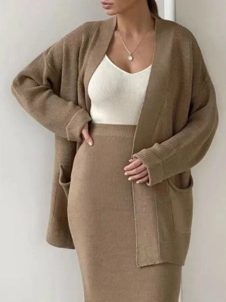 Pocketed Long Sleeve Cardigan and Skirt Sweater Set | Hanalas
