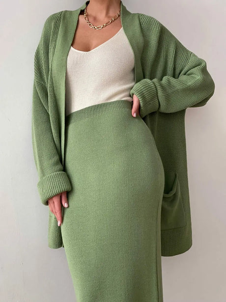 Pocketed Long Sleeve Cardigan and Skirt Sweater Set | Hanalas