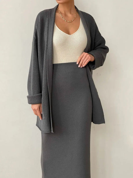Pocketed Long Sleeve Cardigan and Skirt Sweater Set | Hanalas