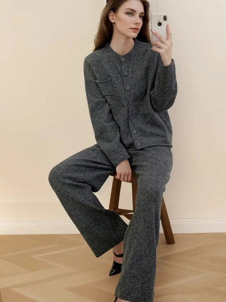 Pocketed Round Neck Button Up Cardigan and Pants Sweater Set | Hanalas