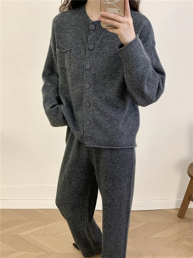 Pocketed Round Neck Button Up Cardigan and Pants Sweater Set | Hanalas