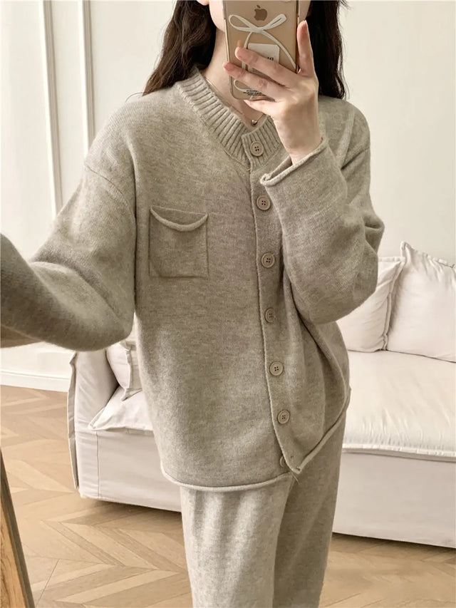 Pocketed Round Neck Button Up Cardigan and Pants Sweater Set | Hanalas