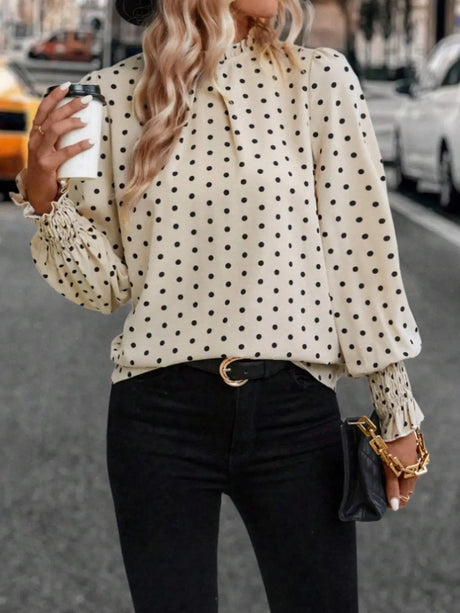 Polka Dot Mock Neck Long Sleeve Blouse Trendsi Hanalas