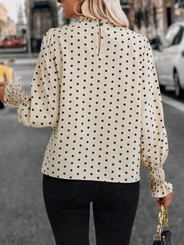 Polka Dot Mock Neck Long Sleeve Blouse Trendsi Hanalas