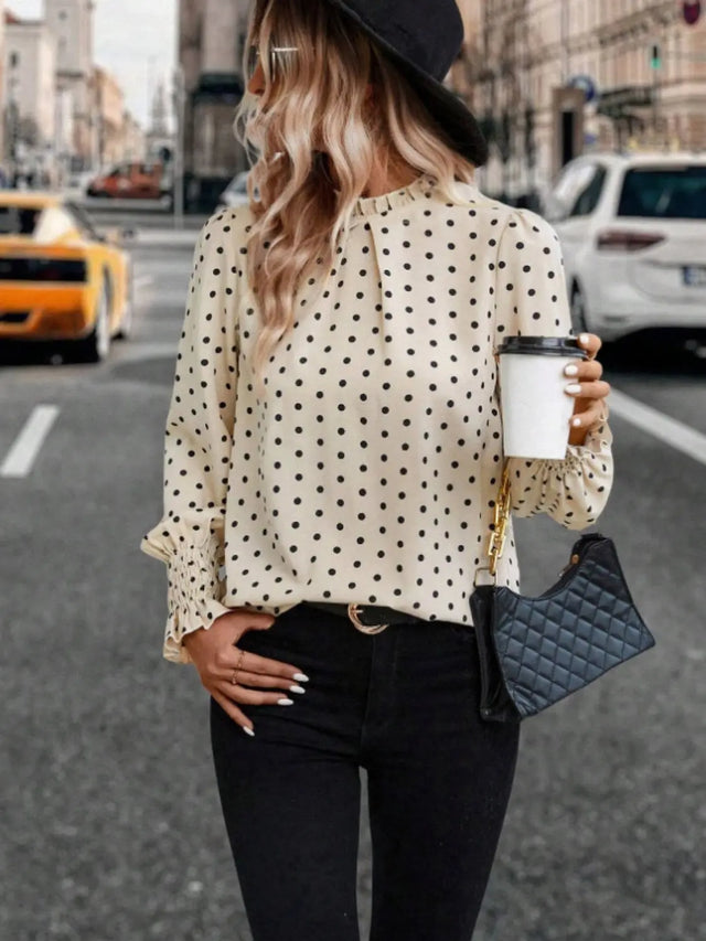 Polka Dot Mock Neck Long Sleeve Blouse Trendsi Hanalas