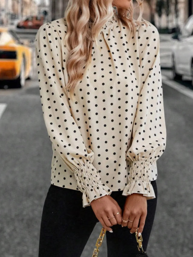 Polka Dot Mock Neck Long Sleeve Blouse Trendsi Hanalas