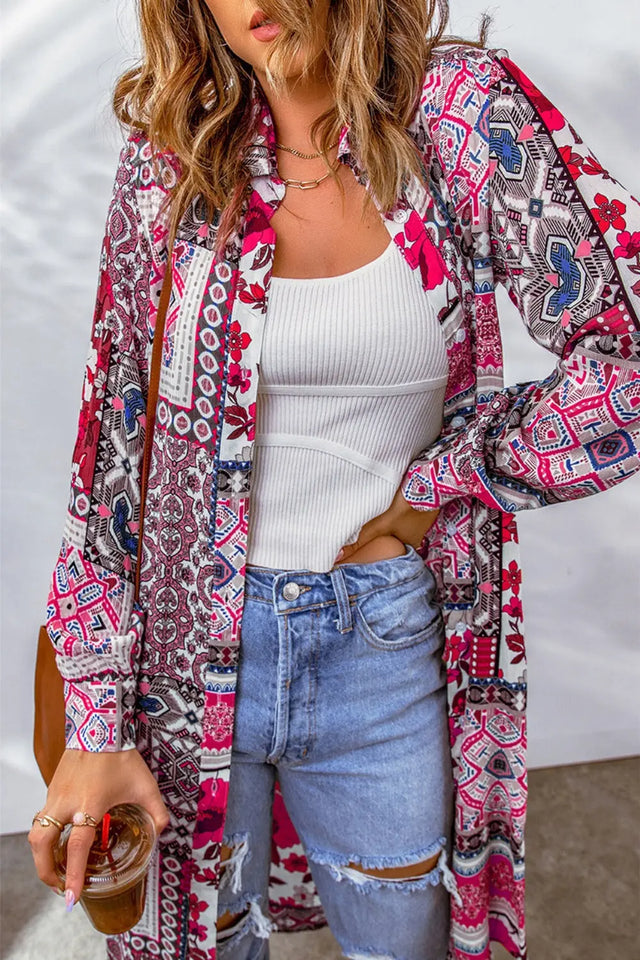 Printed Button Up Long Sleeve Cardigan Trendsi Hanalas