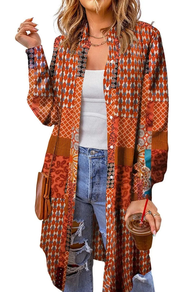 Printed Button Up Long Sleeve Cardigan Trendsi Hanalas