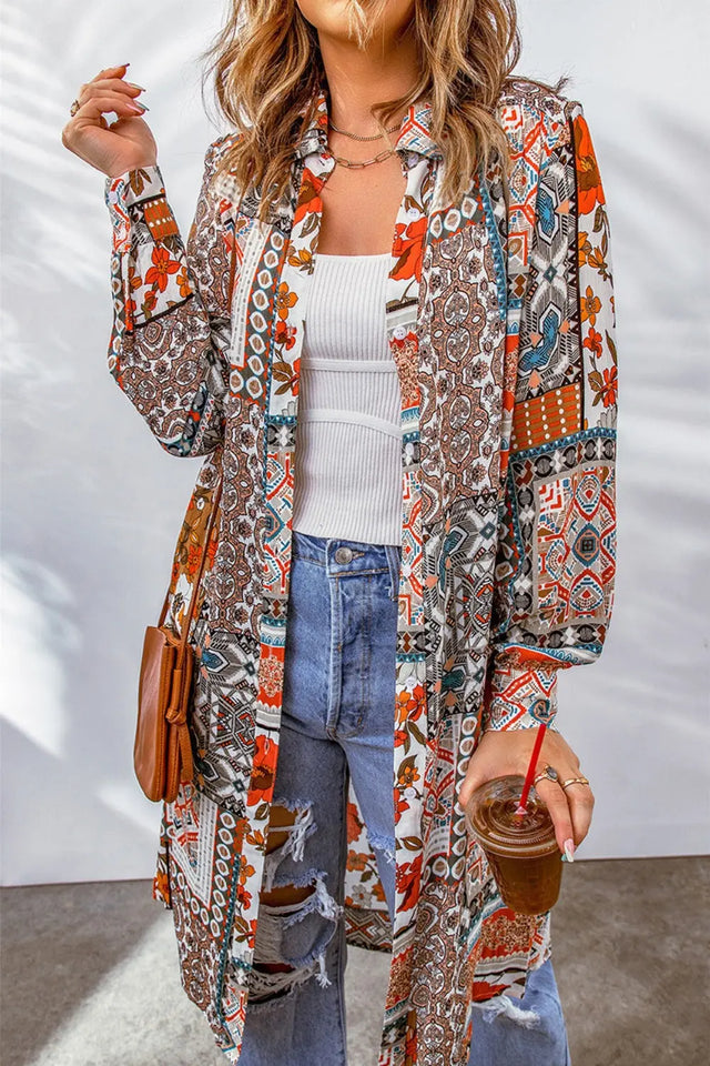 Printed Button Up Long Sleeve Cardigan Trendsi Hanalas