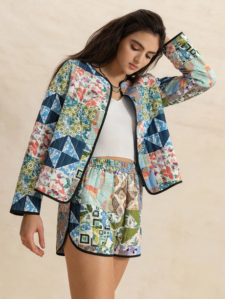 Printed Button Up Long Sleeve Outerwear and Shorts Set | Hanalas