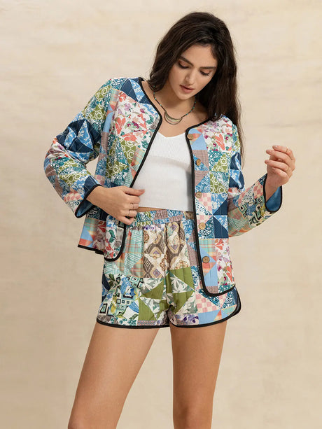 Printed Button Up Long Sleeve Outerwear and Shorts Set | Hanalas