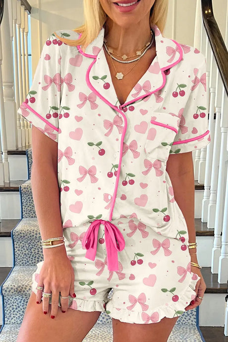 Printed Button Up Short Sleeve Top and Shorts Lounge Set | Hanalas