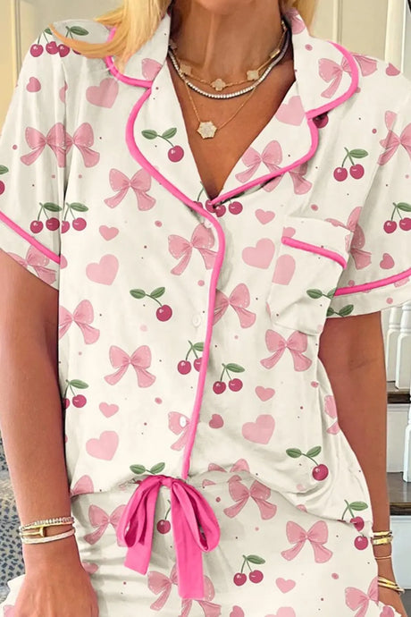 Printed Button Up Short Sleeve Top and Shorts Lounge Set | Hanalas