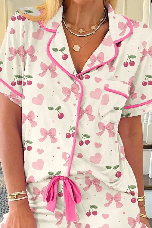 Printed Button Up Short Sleeve Top and Shorts Lounge Set | Hanalas