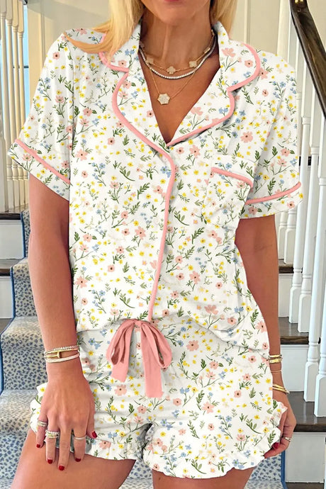 Printed Button Up Short Sleeve Top and Shorts Lounge Set | Hanalas