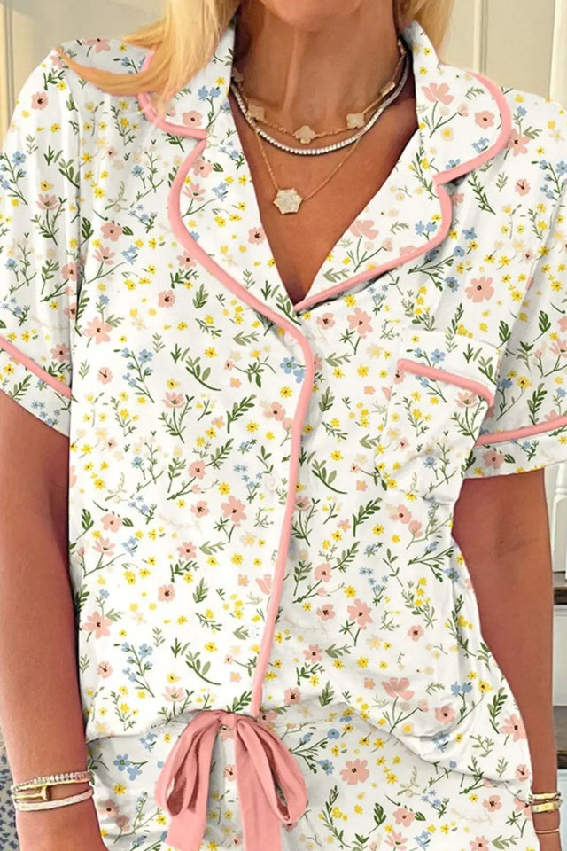 Printed Button Up Short Sleeve Top and Shorts Lounge Set | Hanalas