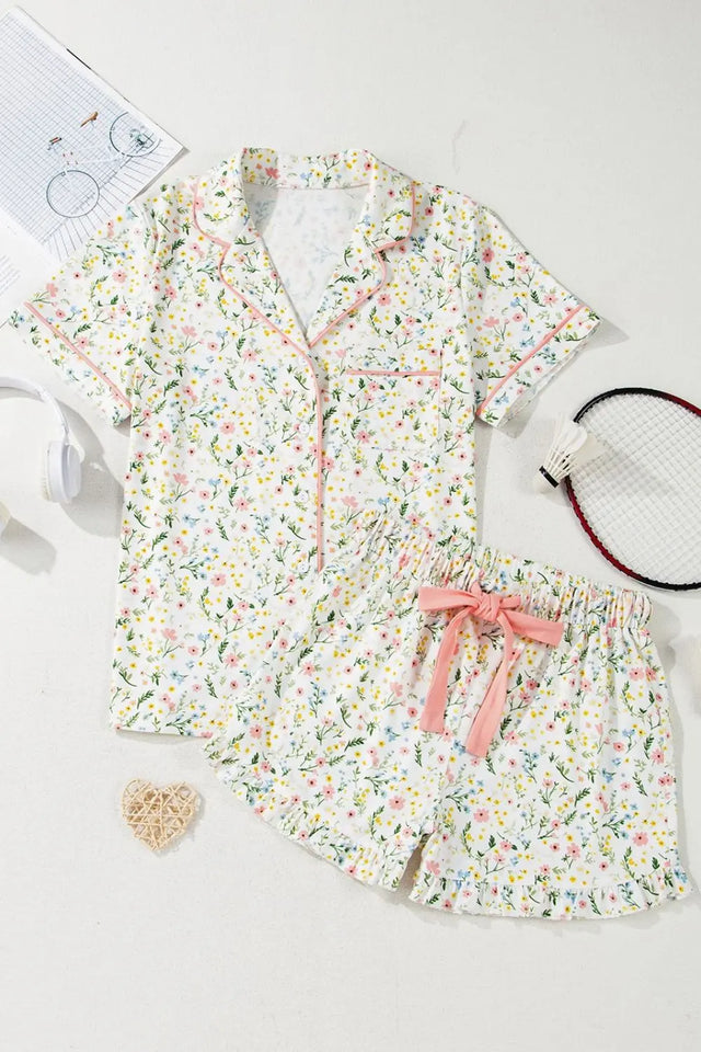 Printed Button Up Short Sleeve Top and Shorts Lounge Set | Hanalas