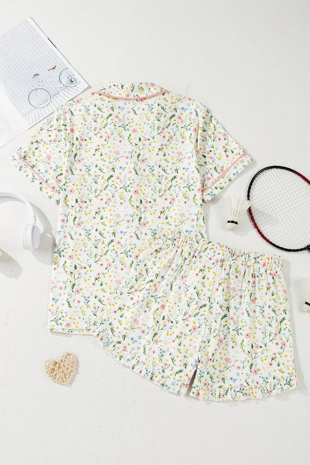 Printed Button Up Short Sleeve Top and Shorts Lounge Set | Hanalas