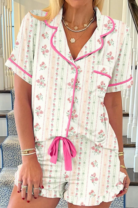Printed Button Up Short Sleeve Top and Shorts Lounge Set | Hanalas