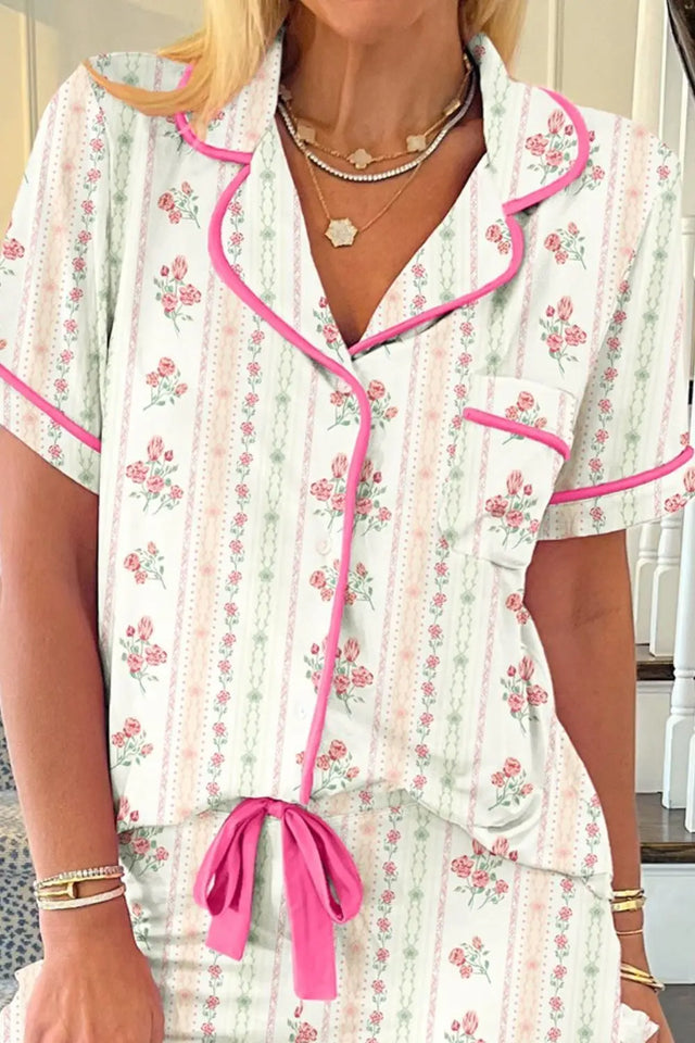 Printed Button Up Short Sleeve Top and Shorts Lounge Set | Hanalas