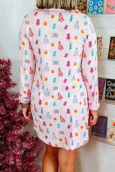 Printed Collared Neck Long Sleeve Lounge Dress | Hanalas