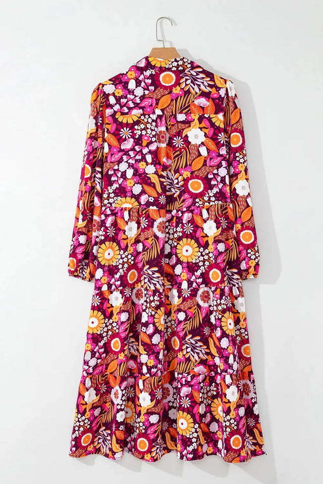 Printed Johnny Collar Long Sleeve Midi Dress Trendsi Hanalas