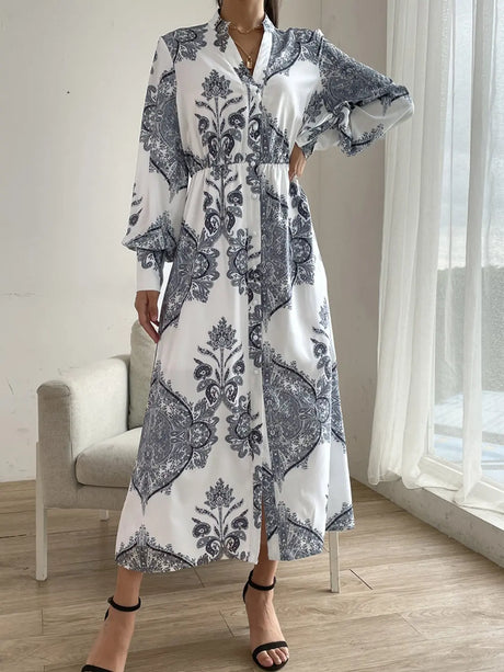 Printed Notched Lantern Sleeve Midi Dress Trendsi Hanalas