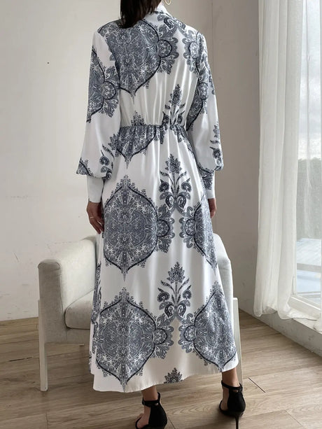 Printed Notched Lantern Sleeve Midi Dress Trendsi Hanalas