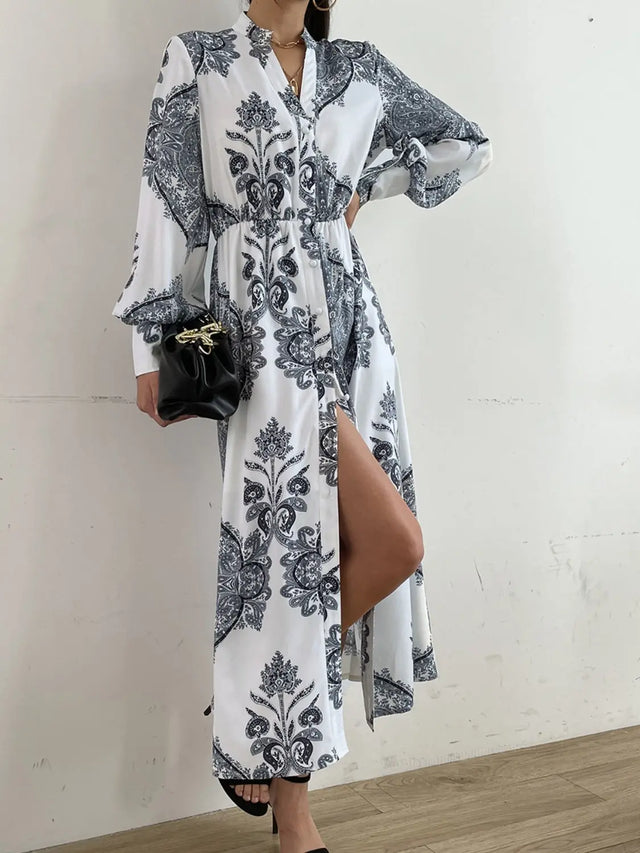 Printed Notched Lantern Sleeve Midi Dress Trendsi Hanalas