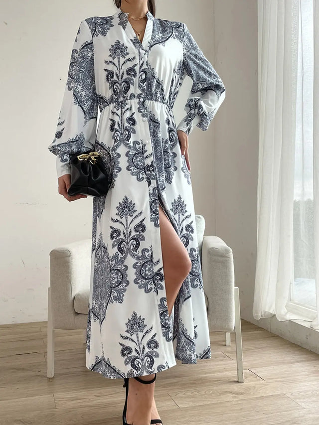 Printed Notched Lantern Sleeve Midi Dress Trendsi Hanalas