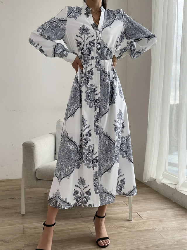 Printed Notched Lantern Sleeve Midi Dress Trendsi Hanalas