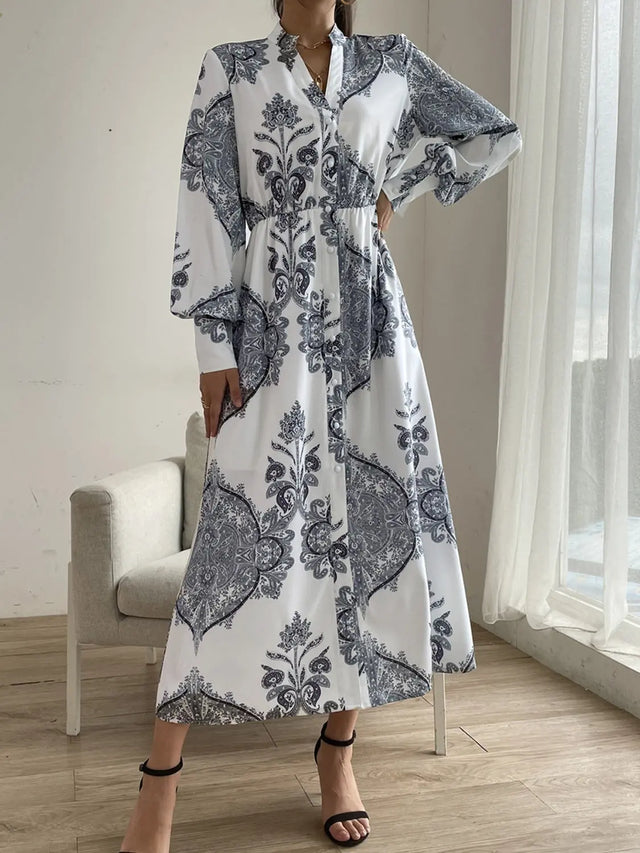 Printed Notched Lantern Sleeve Midi Dress Trendsi Hanalas