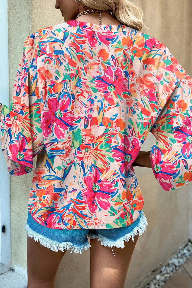 Printed Notched Long Sleeve Blouse Trendsi Hanalas