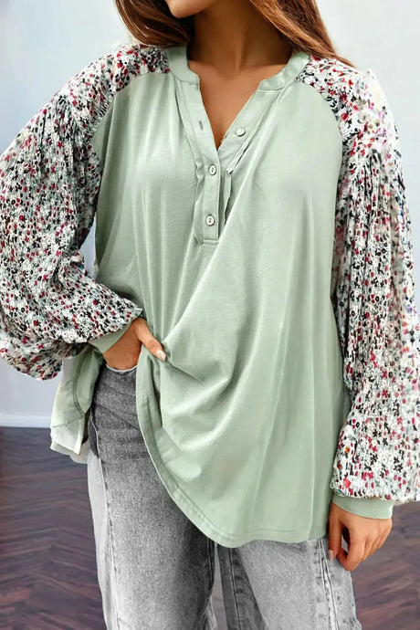 Printed Notched Long Sleeve Blouse Trendsi Hanalas