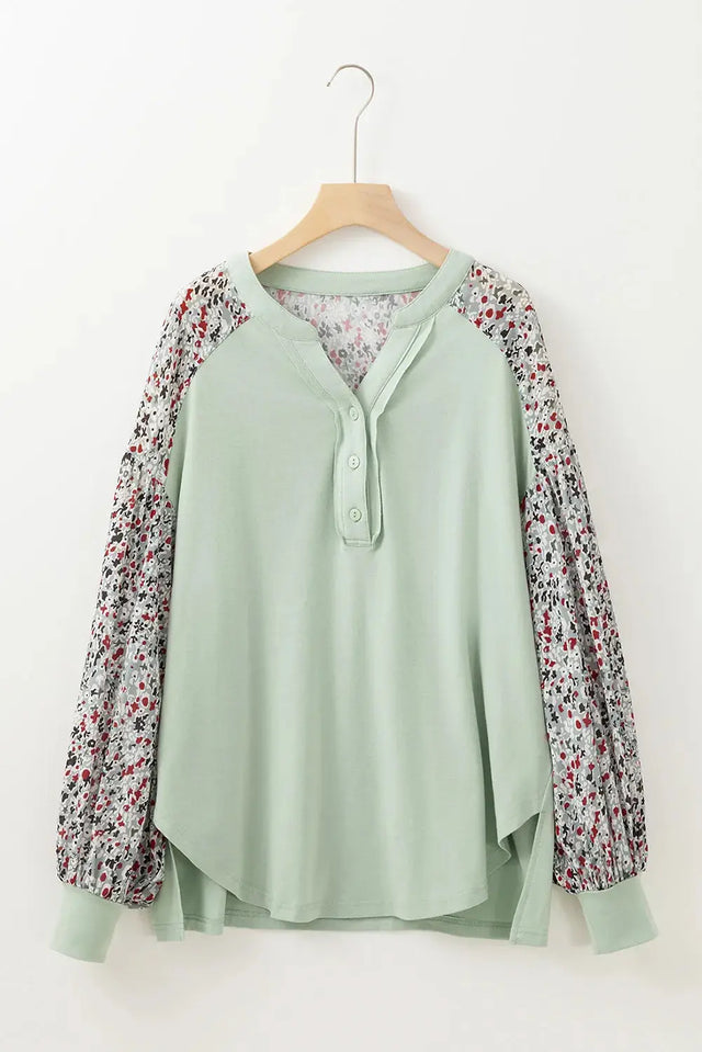 Printed Notched Long Sleeve Blouse Trendsi Hanalas