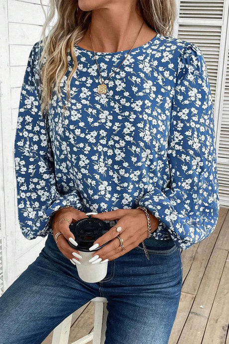 Printed Round Neck Balloon Sleeve Blouse Trendsi Hanalas