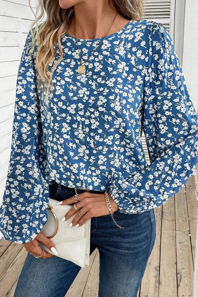 Printed Round Neck Balloon Sleeve Blouse Trendsi Hanalas