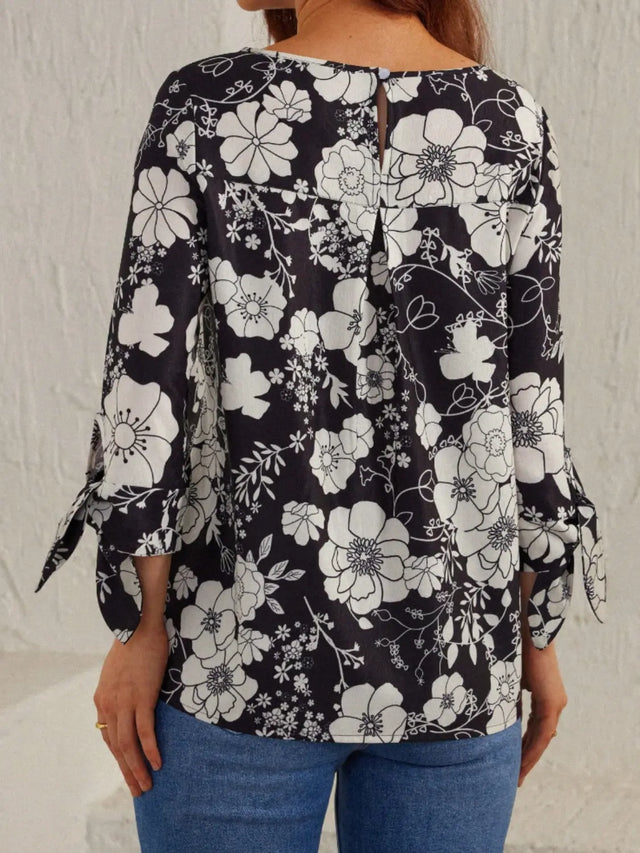 Printed Round Neck Three-Quarter Sleeve Blouse Trendsi Hanalas