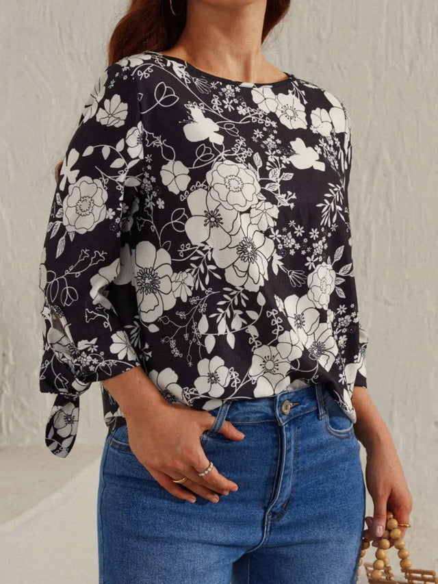 Printed Round Neck Three-Quarter Sleeve Blouse Trendsi Hanalas