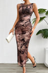 Printed Ruched Slit Sleeveless Midi Dress | Hanalas