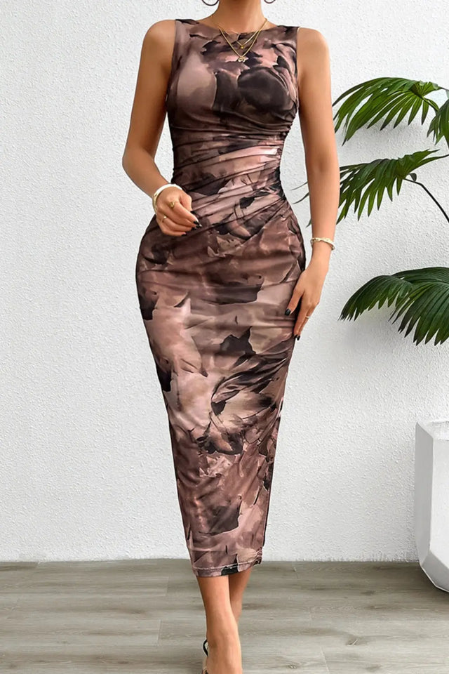 Printed Ruched Slit Sleeveless Midi Dress | Hanalas