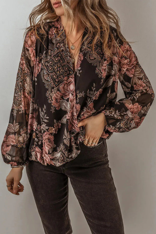 Printed Surplice Long Sleeve Blouse Trendsi Hanalas