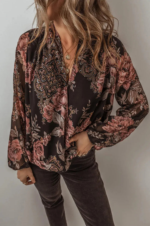 Printed Surplice Long Sleeve Blouse Trendsi Hanalas