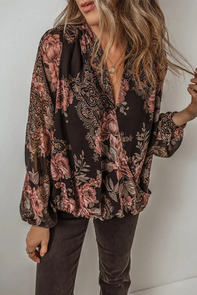 Printed Surplice Long Sleeve Blouse Trendsi Hanalas