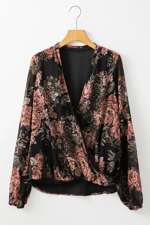 Printed Surplice Long Sleeve Blouse Trendsi Hanalas